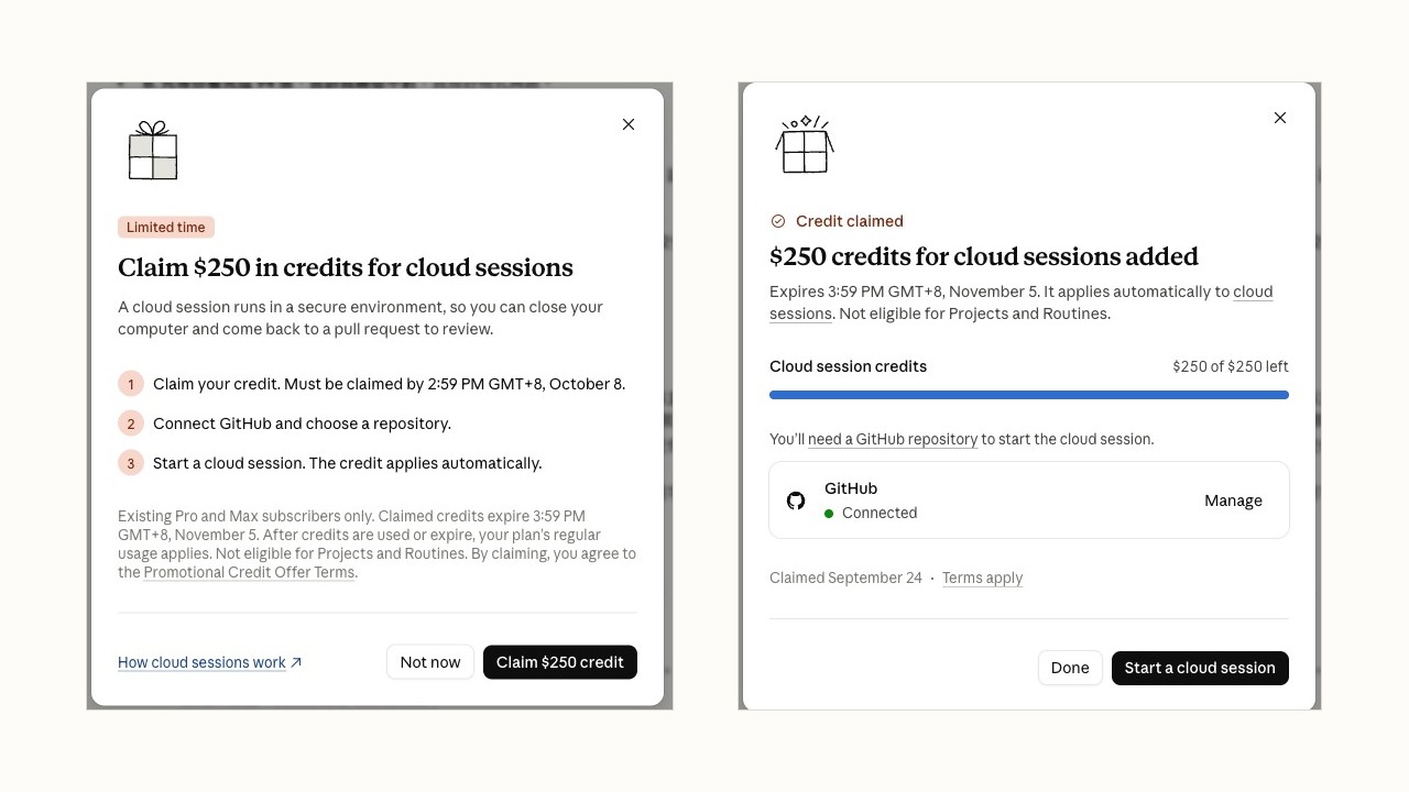 左:Claude 雲端 session 額度的領取視窗;右:領取後顯示剩餘額度與 GitHub 連線狀態