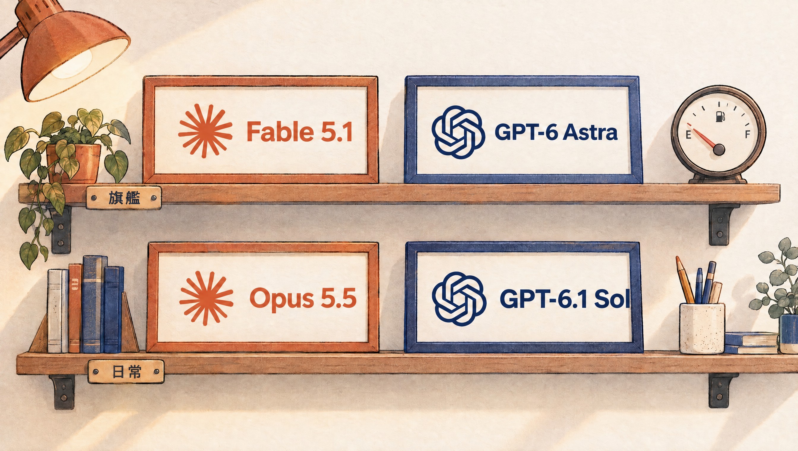 牆上兩層架子：上層是旗艦 Fable 5.1 與 GPT-6 Astra，下層是日常款 Opus 5.5 與 GPT-6.1 Sol，旁邊的油表指針快見底