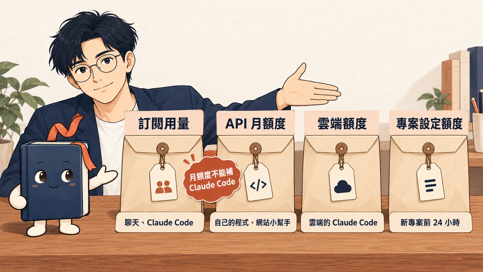 Claude 的四個錢包示意圖：訂閱用量（聊天、Claude Code）、API 月額度（自己的程式、網站小幫手）、雲端額度（雲端的 Claude Code）、專案設定額度（新專案前 24 小時）；貼紙提醒「月額度不能補 Claude Code」