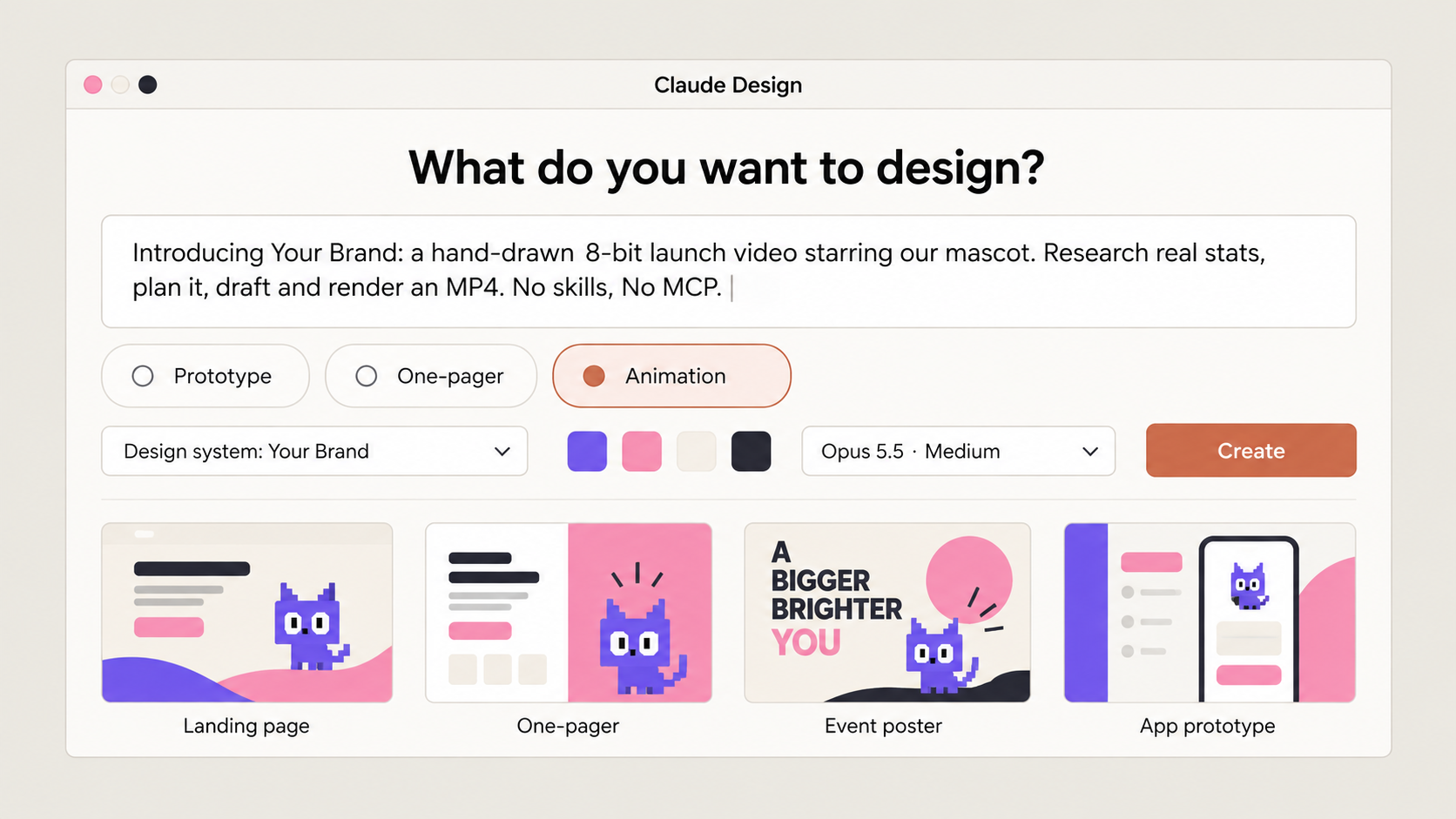 示意圖:在 Claude Design 貼上 prompt、選 Animation、套用自己的設計系統