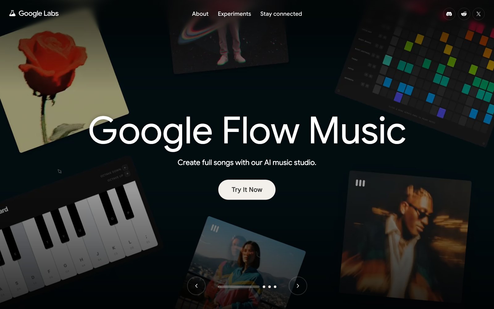 Google Labs 首頁上的 Google Flow Music:Create full songs with our AI music studio