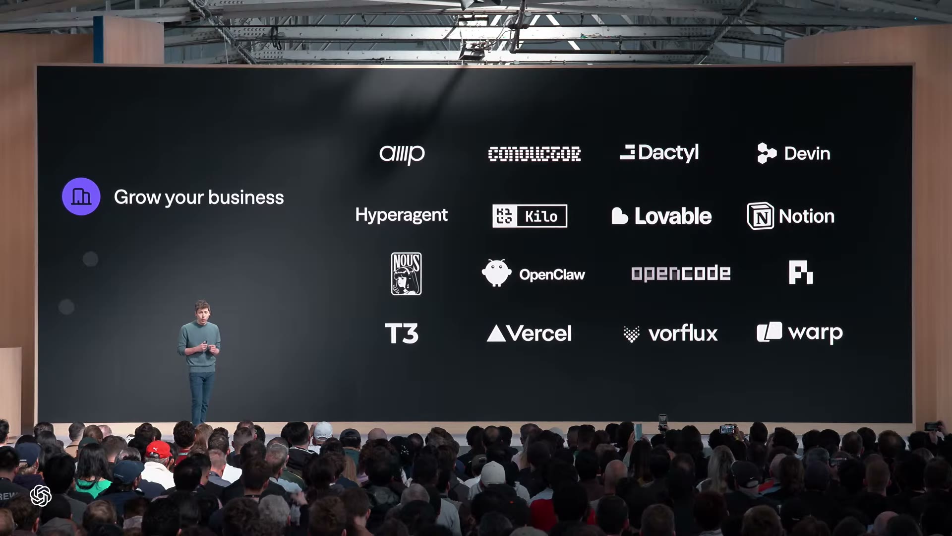 DevDay 發表會的合作夥伴投影片,上面有 Notion、Vercel、Devin、Lovable、T3、OpenClaw 等(畫面:OpenAI DevDay 2026)