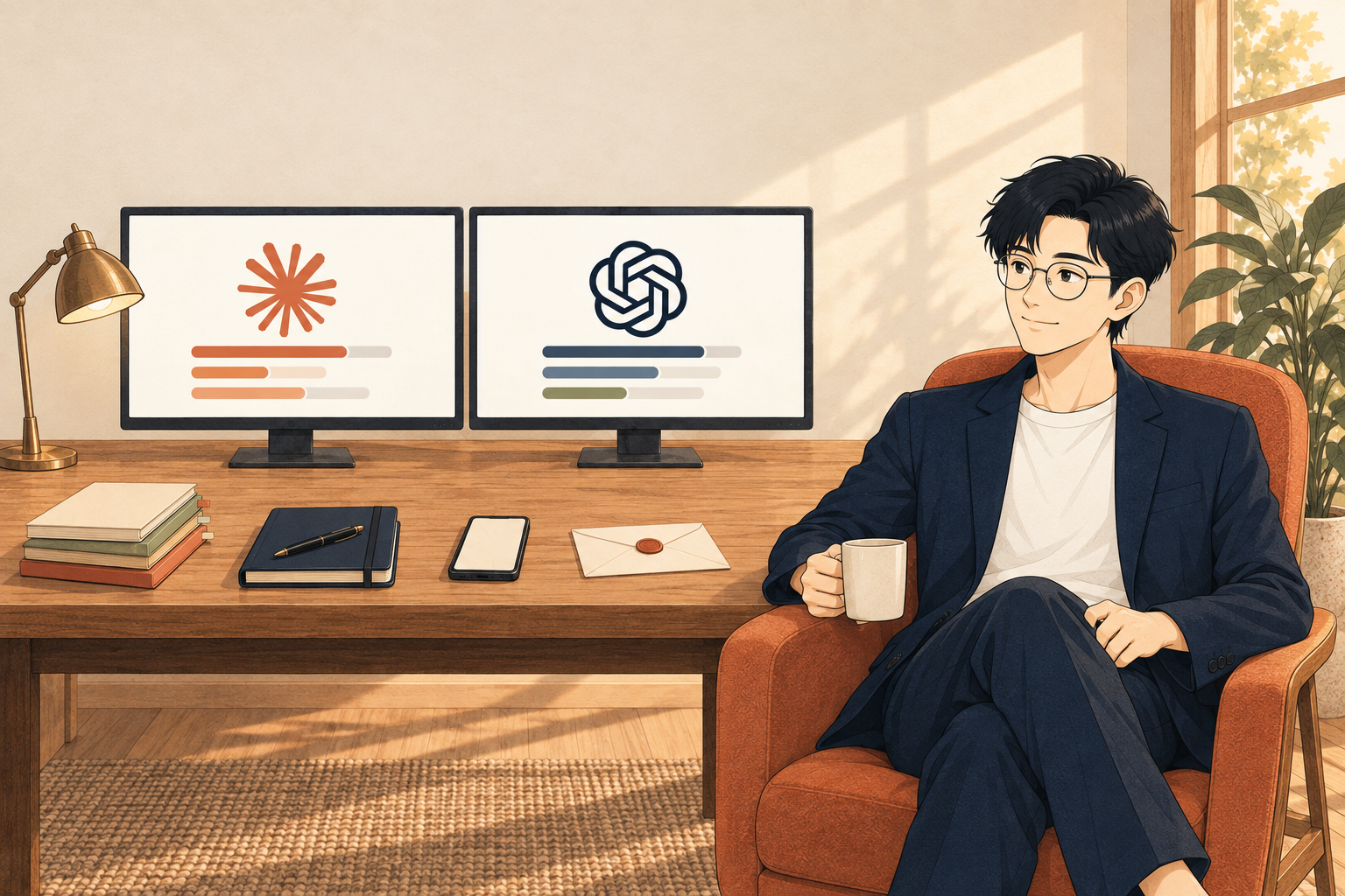 插畫：主理人靠在橘色扶手椅上、手裡拿著咖啡，看著桌上兩台螢幕——左邊是 Claude、右邊是 ChatGPT，進度條正在跑；桌上由左到右擺著一疊免費資源、一本筆記本、一支手機和一封封蠟信。